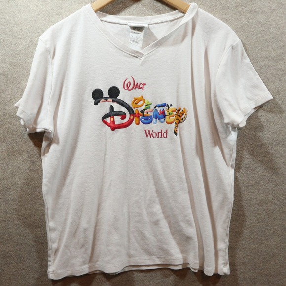 Walt Disney World Tops - Walt Disney World T-Shirt XL V-Neck Y2K Character Logo Graphic White Tee
